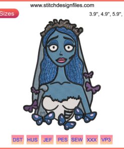 Corpse Bride Emily Embroidery Design: Detailed digital stitching of Emily from the horror movie for creative sewing projects.