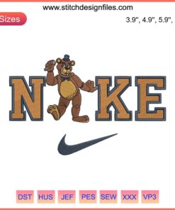 Golden Freddy embroidery design inspired by Five Nights, featuring Nike themed cartoon digital stitching for apparel.