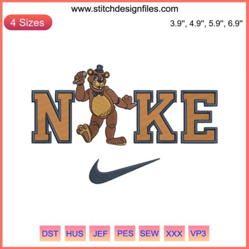 Golden Freddy embroidery design inspired by Five Nights, featuring Nike themed cartoon digital stitching for apparel.