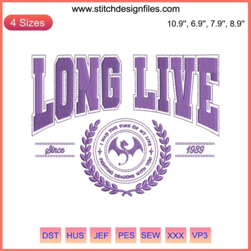 Taylor Swift 1989 Embroidery Design: "Long Live" digital stitching, intricate Taylor-themed motif for DIY projects.