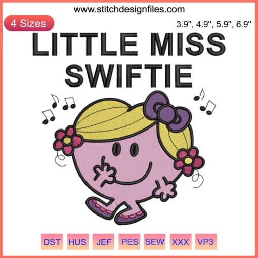 Little Miss Swiftie Embroidery Design featuring Taylor Swift-inspired Swifty digital stitching in vibrant colors.