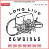 Western-style hat with "Long Live Cowgirls" embroidery, digital stitching, perfect for country music fans and cowgirl fashion designs.