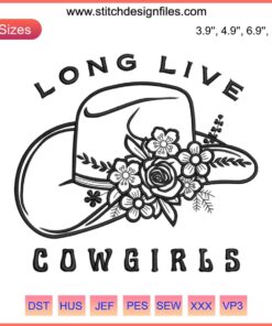 Western-style hat with "Long Live Cowgirls" embroidery, digital stitching, perfect for country music fans and cowgirl fashion designs.