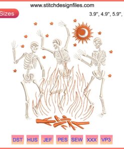 Dancing Skeletons Fire Embroidery Design | Halloween Digital Stitching Pattern | Spooky Decor Embroidering