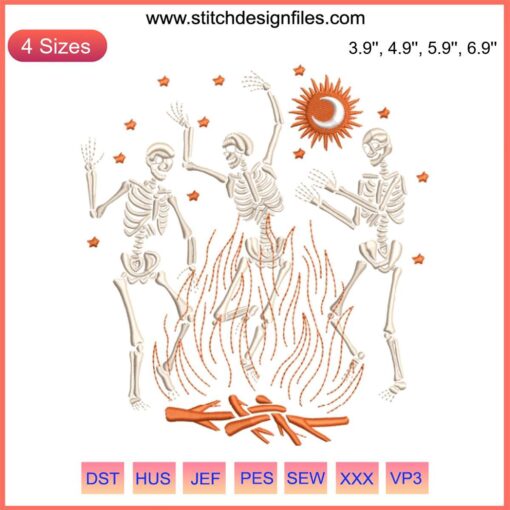 Dancing Skeletons Fire Embroidery Design | Halloween Digital Stitching Pattern | Spooky Decor Embroidering