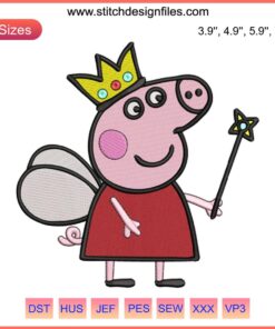Peppa Pig Princess Embroidery Design: Adorable cartoon stitching for kids, vibrant colors, digital pattern, embroidery project.