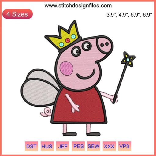 Peppa Pig Princess Embroidery Design: Adorable cartoon stitching for kids, vibrant colors, digital pattern, embroidery project.