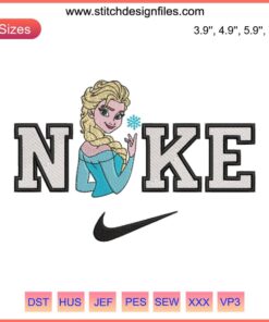 Nike Elsa Frozen Embroidery Design featuring Disney Princess Elsa in a digital stitching style, perfect for custom apparel.