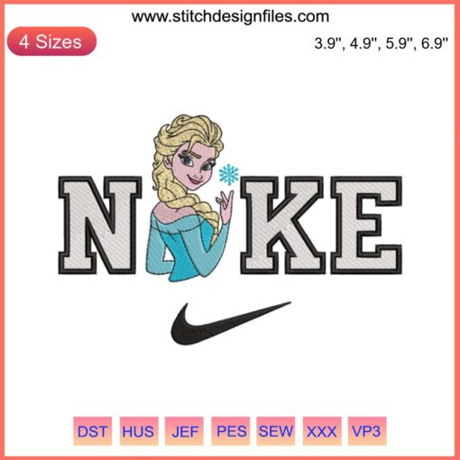 Nike Elsa Frozen Embroidery Design featuring Disney Princess Elsa in a digital stitching style, perfect for custom apparel.