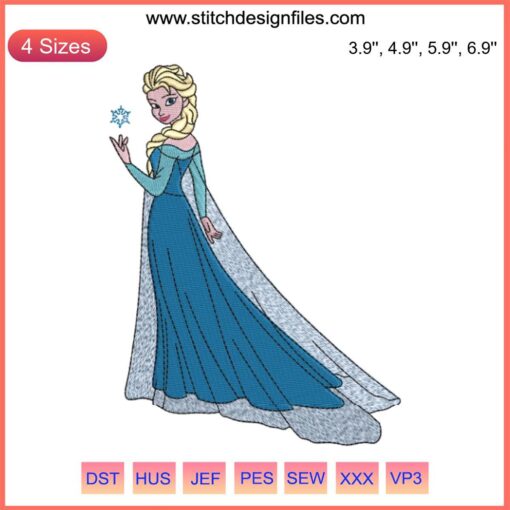 Princess Elsa Embroidery Design from Disney's Frozen, digital stitching pattern, intricate Elsa silhouette, perfect for crafts.