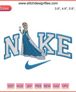 Princess Elsa Nike Embroidery Design, Disney-themed digital stitching, Frozen-inspired unique apparel customization.