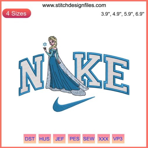 Princess Elsa Nike Embroidery Design, Disney-themed digital stitching, Frozen-inspired unique apparel customization.