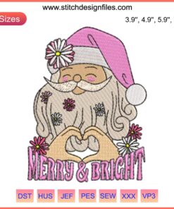 Santa Claus Embroidery Design: "Merry & Bright" with festive details, perfect for Christmas digital stitching projects.