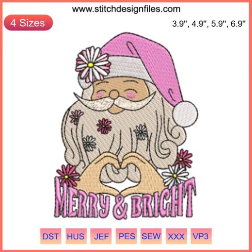 Santa Claus Embroidery Design: "Merry & Bright" with festive details, perfect for Christmas digital stitching projects.