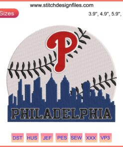 Philadelphia baseball skyline embroidery design featuring iconic cityscape and baseball elements, perfect for digital stitching enthusiasts.