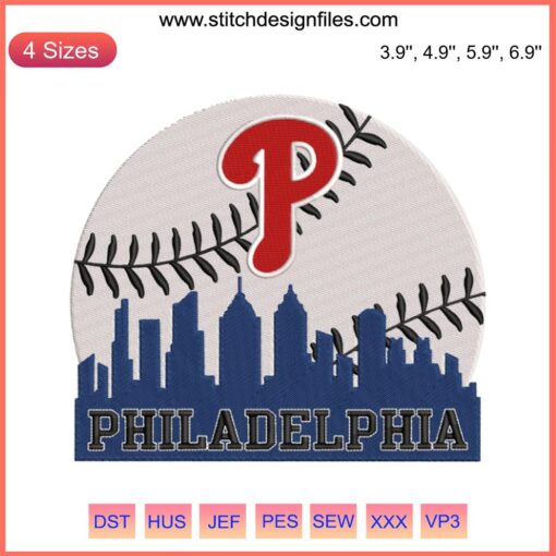 Philadelphia baseball skyline embroidery design featuring iconic cityscape and baseball elements, perfect for digital stitching enthusiasts.