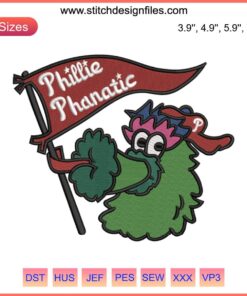 Whimsical Phillies Phanatic embroidery design; detailed digital stitching of iconic Philly mascot, perfect for sports fans.
