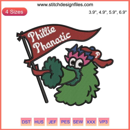 Whimsical Phillies Phanatic embroidery design; detailed digital stitching of iconic Philly mascot, perfect for sports fans.