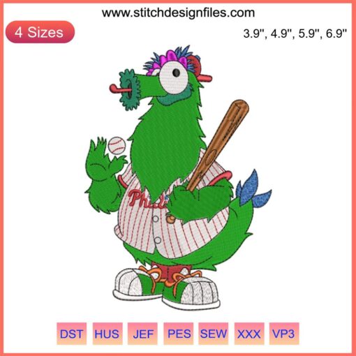 Phillies Phanatic Mascot Embroidery Design, MLB Baseball Digital Stitching, Fun Mascot Art for Apparel Sewing Projects