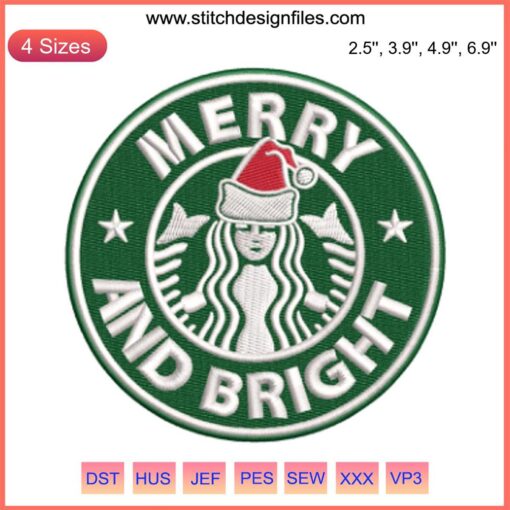 Merry and Bright Starbucks Embroidery Design featuring festive Christmas motifs; perfect for holiday digital stitching projects.