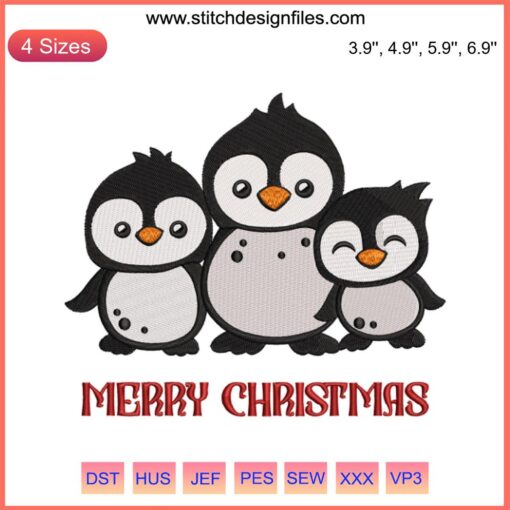 Adorable Penguin Mom with Two Kids Embroidery Design | Penguin Family Digital Stitching | Cute Penguine Embroidery Pattern