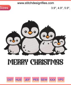Penguin Family Merry Christmas Embroidery Design | Adorable festive penguins with "Merry Christmas" stitching for holiday projects.