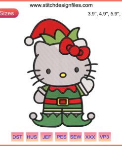 Hello Kitty Christmas Elf Embroidery Design featuring a festive Hello Kitty in elf attire with gifts, perfect for holiday stitching projects.