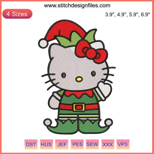 Hello Kitty Christmas Elf Embroidery Design featuring a festive Hello Kitty in elf attire with gifts, perfect for holiday stitching projects.