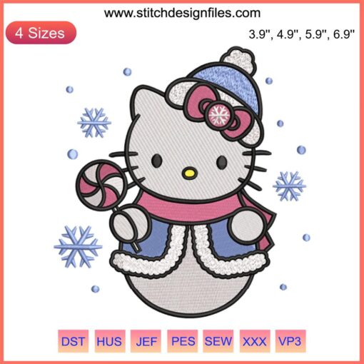 Hello Kitty Snowman Embroidery Design: Festive Christmas stitching with Hello Kitty as a snowman. Ideal for holiday crafts.