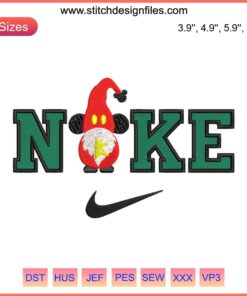 Festive Gnome Christmas Nike embroidery design featuring a merry gnome with Santa hat, ideal for digital stitching projects.