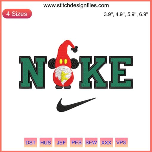 Festive Gnome Christmas Nike embroidery design featuring a merry gnome with Santa hat, ideal for digital stitching projects.