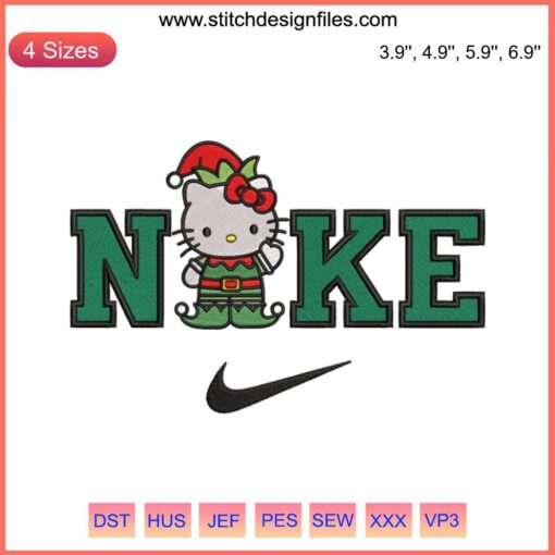 Hello Kitty Elf in Nike Attire Embroidery Design, Festive Christmas Digital Stitching Pattern, Cute Holiday Decor