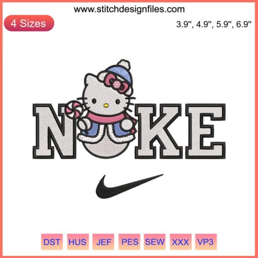 Nike Hello Kitty Snowman Embroidery Design, Christmas Digital Stitching, Cute Kitty Festive Pattern, Snowman Winter Embroidery