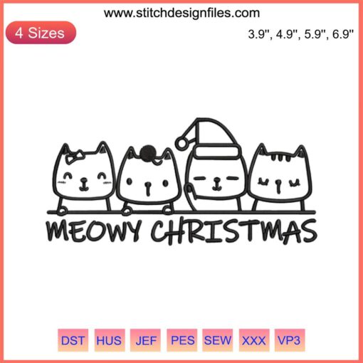 Meowy Christmas Cats Embroidery Design: Festive cat pattern for digital stitching, cat lover gift, Christmas decor.