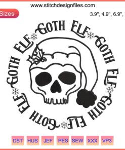 Creepy goth elf embroidery design, perfect for dark Christmas projects. Unique horror elf stitching, ideal for alternative holiday crafts.
