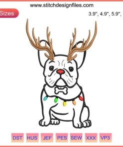 Christmas-themed French Bulldog embroidery design in festive colors, perfect for dog lovers' digital stitching projects.