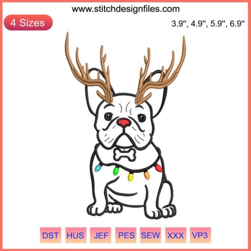 Christmas-themed French Bulldog embroidery design in festive colors, perfect for dog lovers' digital stitching projects.