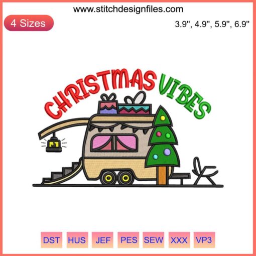 Festive Camping Embroidery Design: Merry Christmas Tent, Pine Trees & Stars | Digital Stitching for Holiday Travel Theme