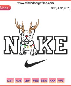 French Bulldog in Nike hat, Christmas-themed embroidery design; cute dog digital stitching for festive decor.