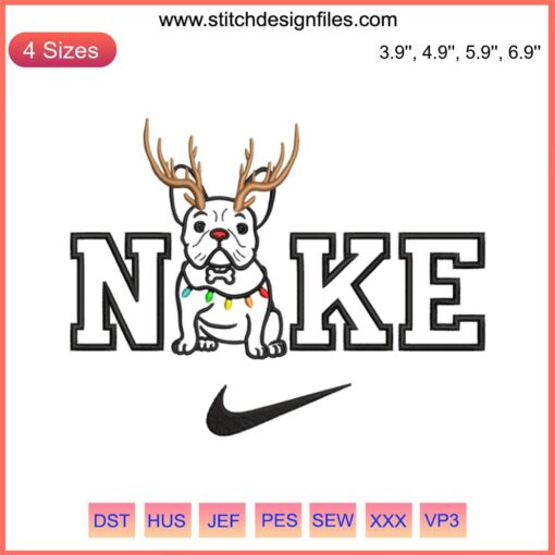 French Bulldog in Nike hat, Christmas-themed embroidery design; cute dog digital stitching for festive decor.