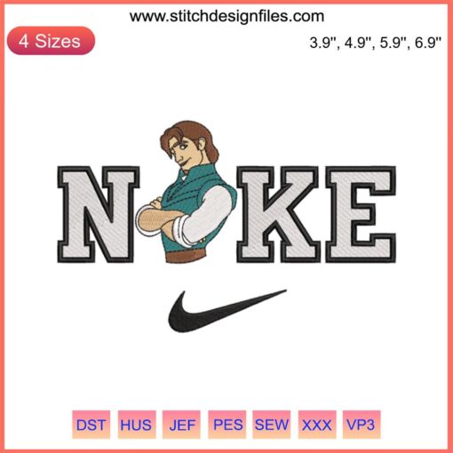 Flynn Rider x Nike Embroidery Design: Stylish Rapunzel & Flynn Couple Digital Stitching for Custom Apparel Crafting.