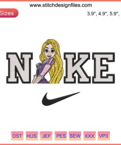 Rapunzel & Flynn Nike Embroidery Design: Stylish couple digital stitching pattern, perfect for modern embroidery projects.