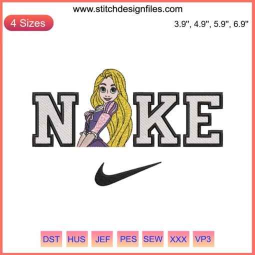 Rapunzel & Flynn Nike Embroidery Design: Stylish couple digital stitching pattern, perfect for modern embroidery projects.