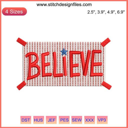 Philadelphia Phillies embroidery design featuring "Believe" text with baseball theme, digital stitching for sports fans.