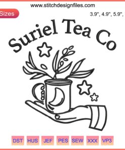 Elegant Suriel Tea Co Embroidery: The Night Court Digital Stitching, celestial motifs with stars and moons, perfect for craft lovers.