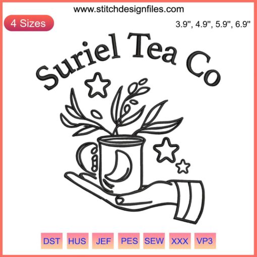 Elegant Suriel Tea Co Embroidery: The Night Court Digital Stitching, celestial motifs with stars and moons, perfect for craft lovers.