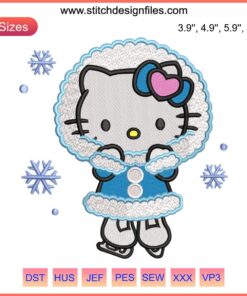 Hello Kitty Skating Embroidery Design: Cute Christmas stitch pattern featuring Hello Kitty on ice, perfect for winter crafts.