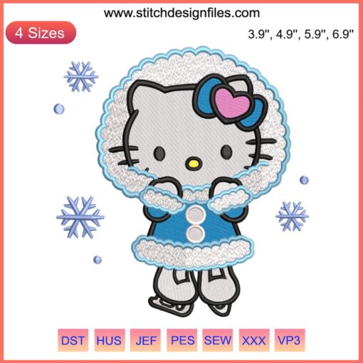 Hello Kitty Skating Embroidery Design: Cute Christmas stitch pattern featuring Hello Kitty on ice, perfect for winter crafts.