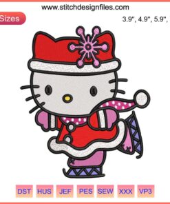 Hello Kitty ice skating embroidery design with festive Christmas dance theme, digital stitching, cute winter embroidery pattern.
