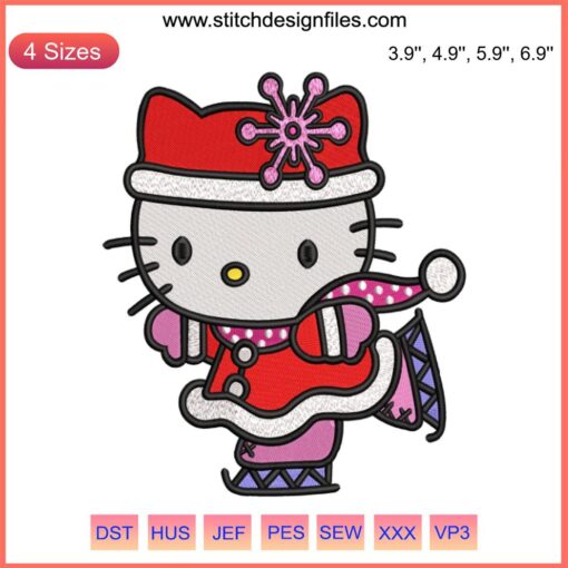Hello Kitty ice skating embroidery design with festive Christmas dance theme, digital stitching, cute winter embroidery pattern.